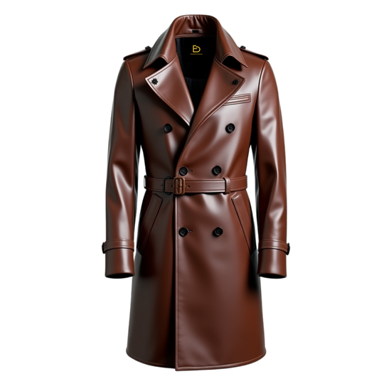 Men's Brown Real Leather Double Breasted Trench Coat – Belted Classic Overcoat