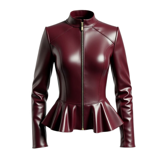 Burgundy Lambskin Leather Peplum Jacket: Biker Style, Fitted, Flare Hem