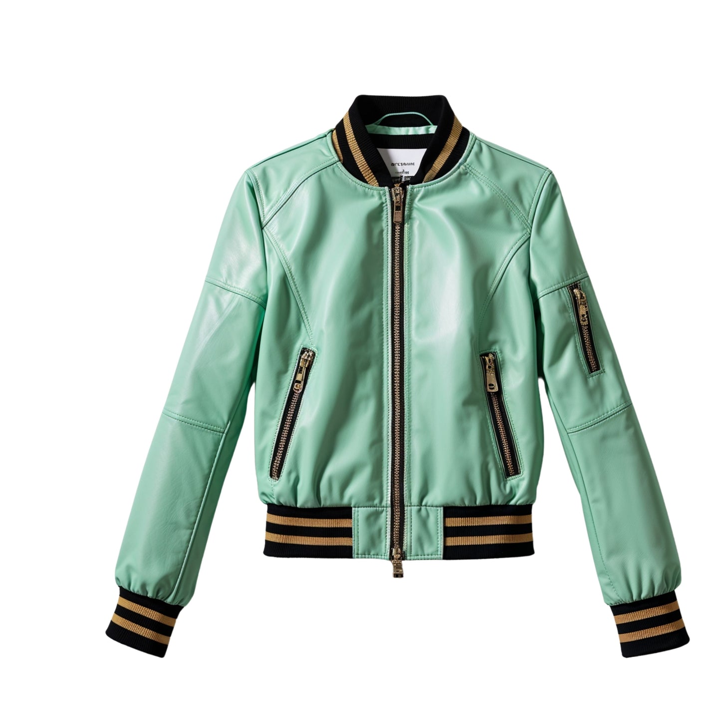 Mint Green Leather Cropped Bomber Jacket with Striped Ribbed Collar and Cuffs