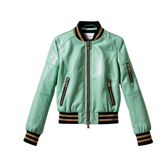 Mint Green Leather Cropped Bomber Jacket with Striped Ribbed Collar and Cuffs