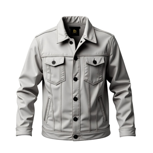 Men's Grey Real Leather Trucker Jacket – Modern Fit, Button Front, Chest Pockets