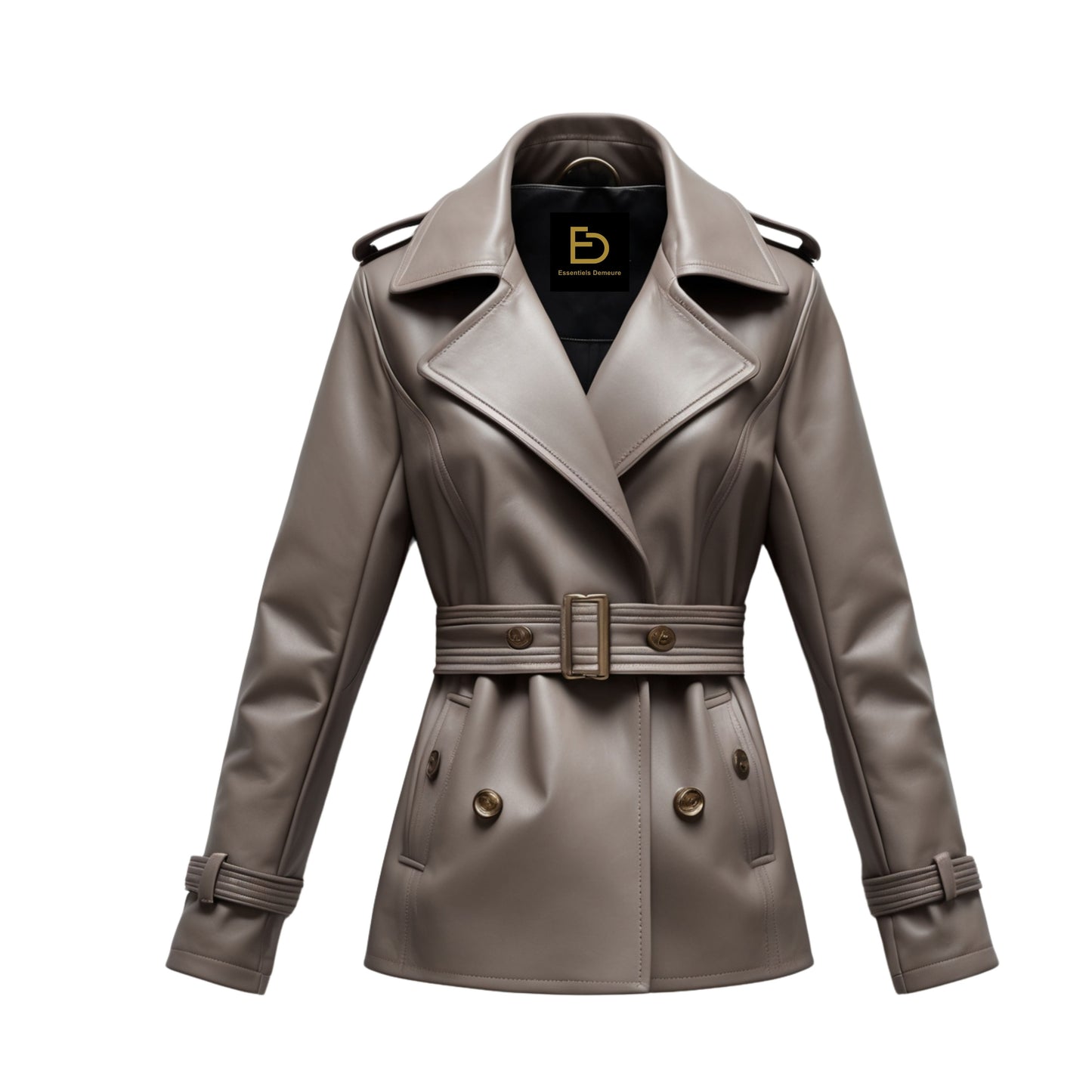 Women's Taupe Leather Trench Coat: Belted, Double-Breasted, Wide Lapel Short Jacket