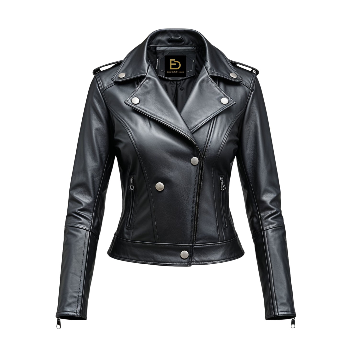 Womens Black Real Leather Biker Jacket – Silver Buttons, Lapel Collar, Zip Pockets