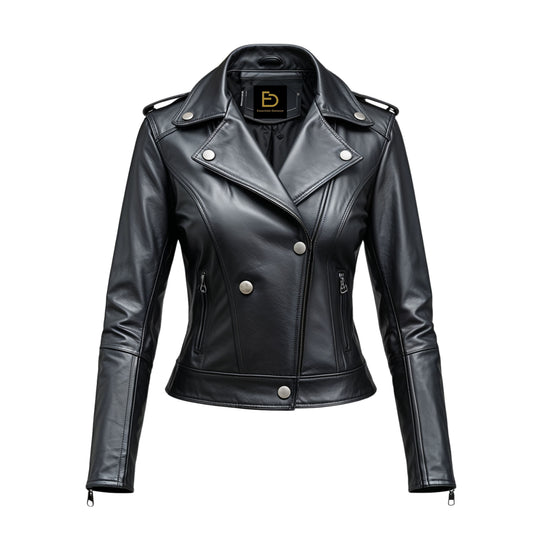 Womens Black Real Leather Biker Jacket – Silver Buttons, Lapel Collar, Zip Pockets
