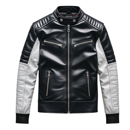 Men's Black White Moto Leather Jacket with Quilted Shoulders, Zipper Pockets