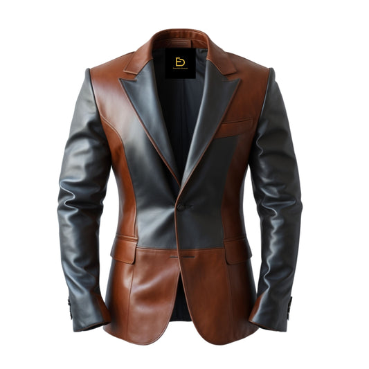 Two Tone Leather Blazer Jacket: Modern Fit, Single Button, Notch Lapel – Brown Black