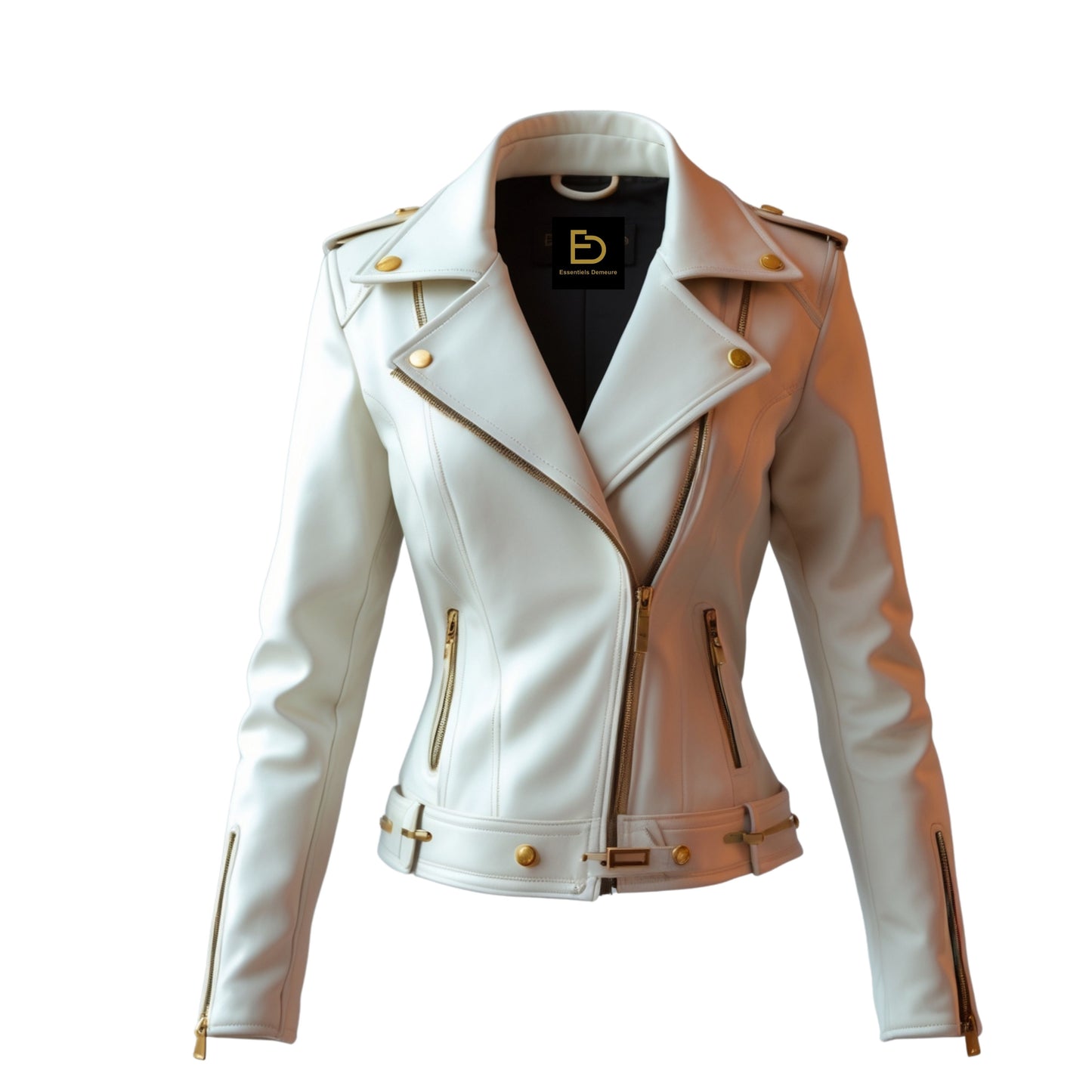 White Leather Cropped Biker Jacket with Gold Hardware and Epaulettes