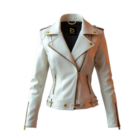 White Leather Cropped Biker Jacket with Gold Hardware and Epaulettes