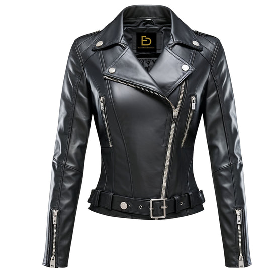 Black Real Leather Biker Jacket: Asymmetric Zip, Belted Hem, Moto Style