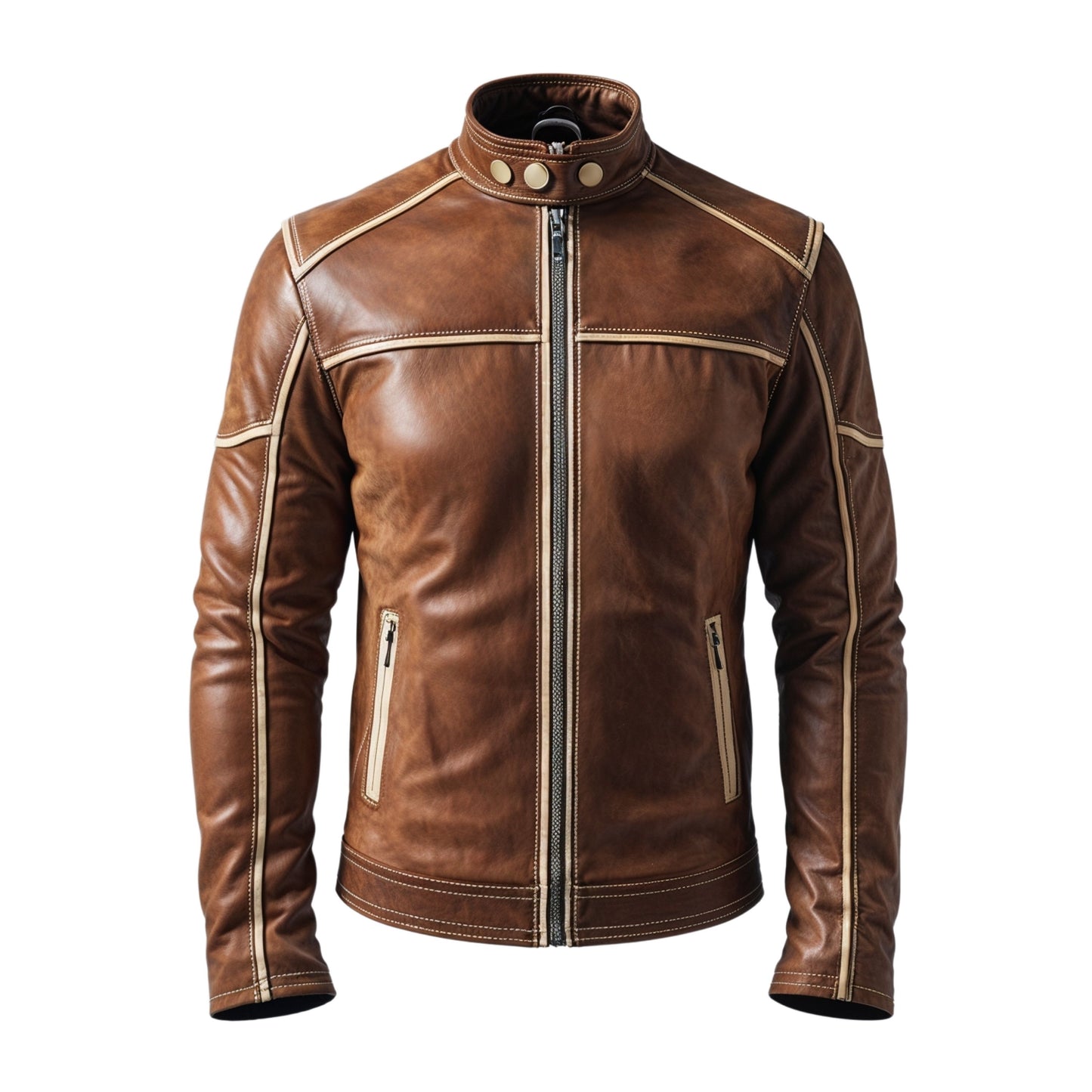 Men's Brown Real Leather Racer Jacket Stand Collar and Contrast Stitching – Timeless Urban Style