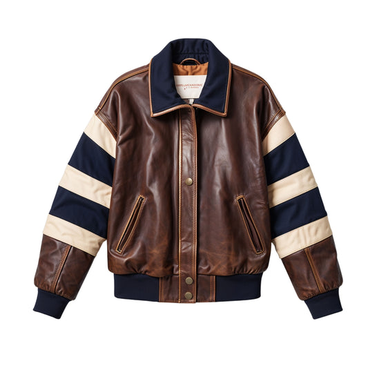 Brown Leather Varsity Bomber Jacket with Navy Stripe Sleeves – Sporty Retro Style