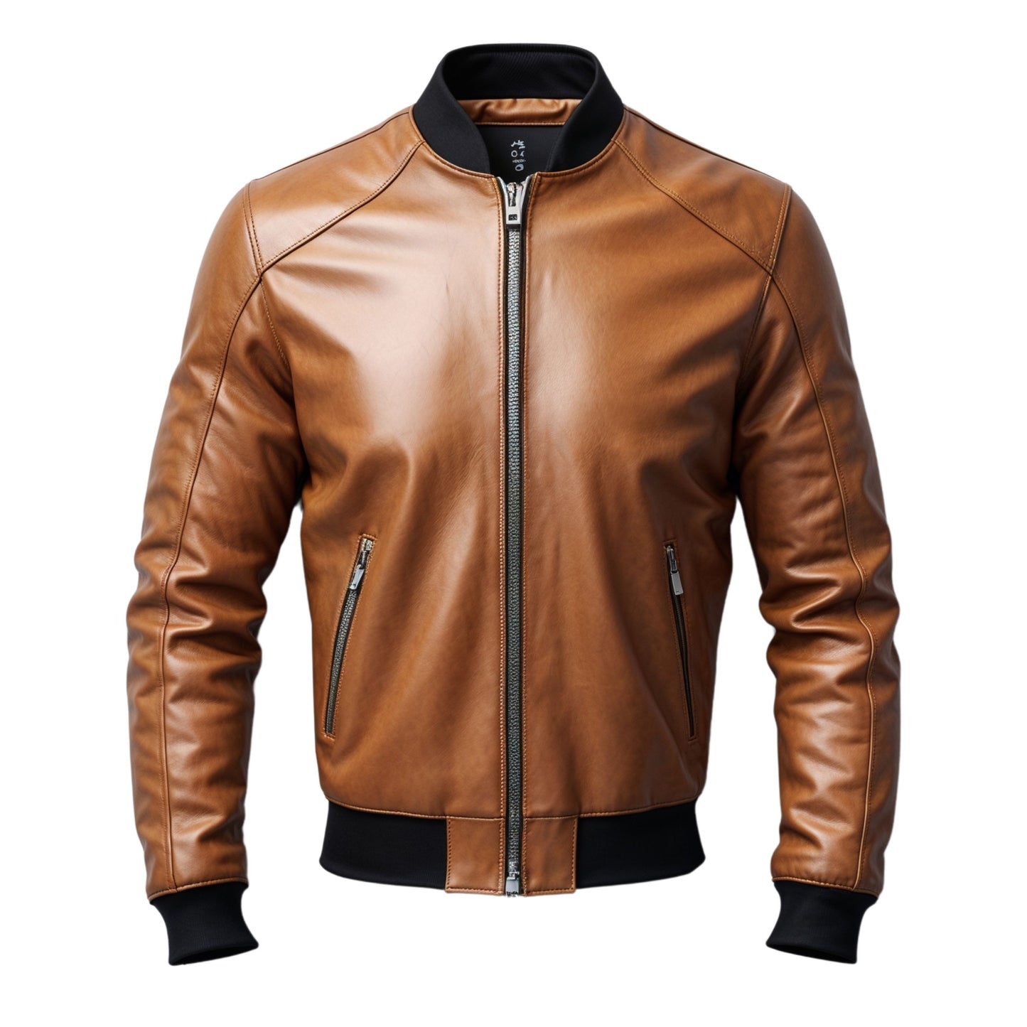 Men's Tan Real Leather Bomber Jacket with Zip Pockets & Ribbed Trim