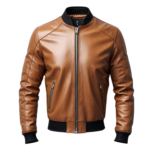 Men's Tan Real Leather Bomber Jacket with Zip Pockets & Ribbed Trim