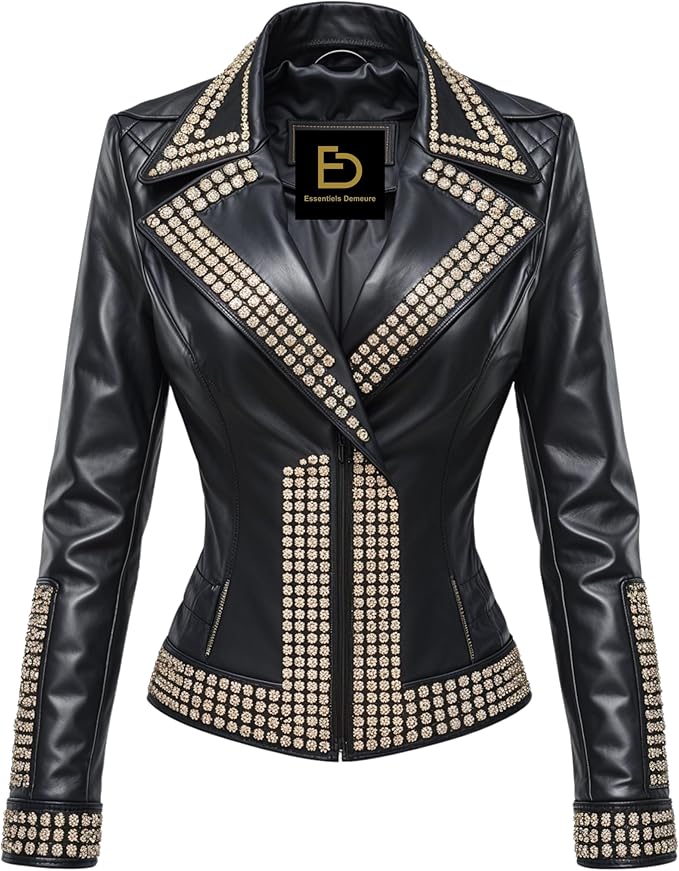 Womens Real Leather Black Embellished Moto Jacket Gold Tone Crystal Style Trim Quilted Shoulder Slim Fit