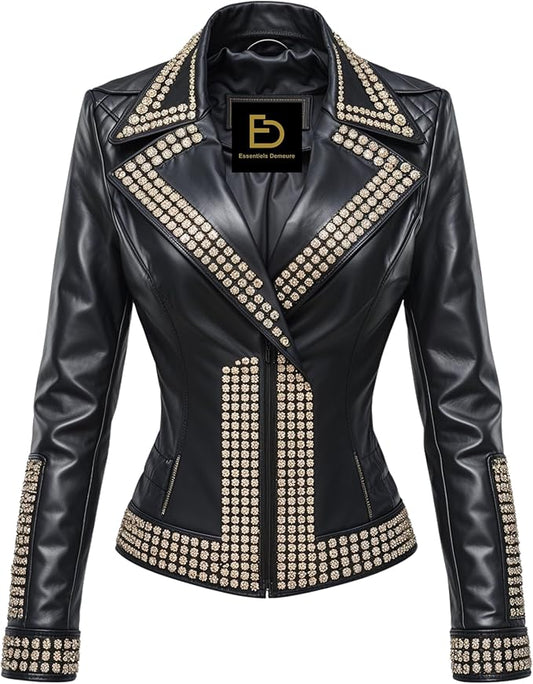 Womens Real Leather Black Embellished Moto Jacket Gold Tone Crystal Style Trim Quilted Shoulder Slim Fit