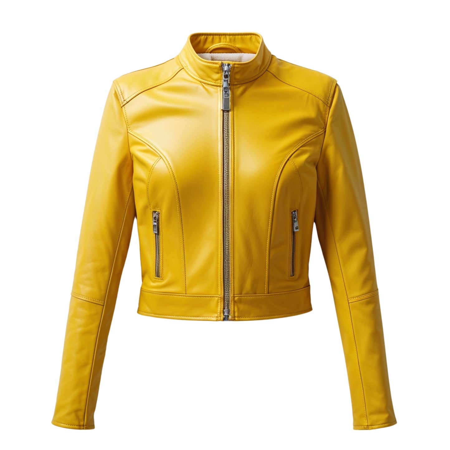 Womens Yellow Leather Cropped Moto Jacket – Slim Fit Biker Style Outerwear