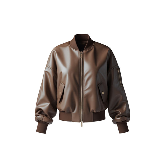 Dark Brown Genuine Leather Bomber Jacket: Oversized, Ribbed Trim, Vintage Style
