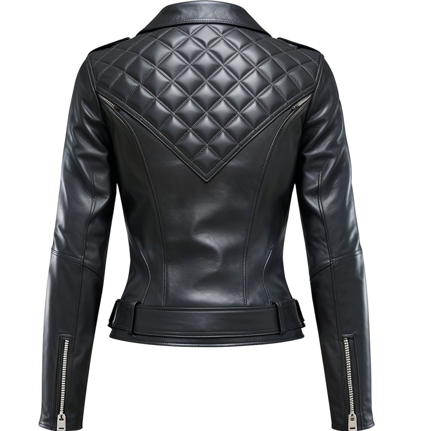 Black Real Leather Biker Jacket: Asymmetric Zip, Belted Hem, Moto Style