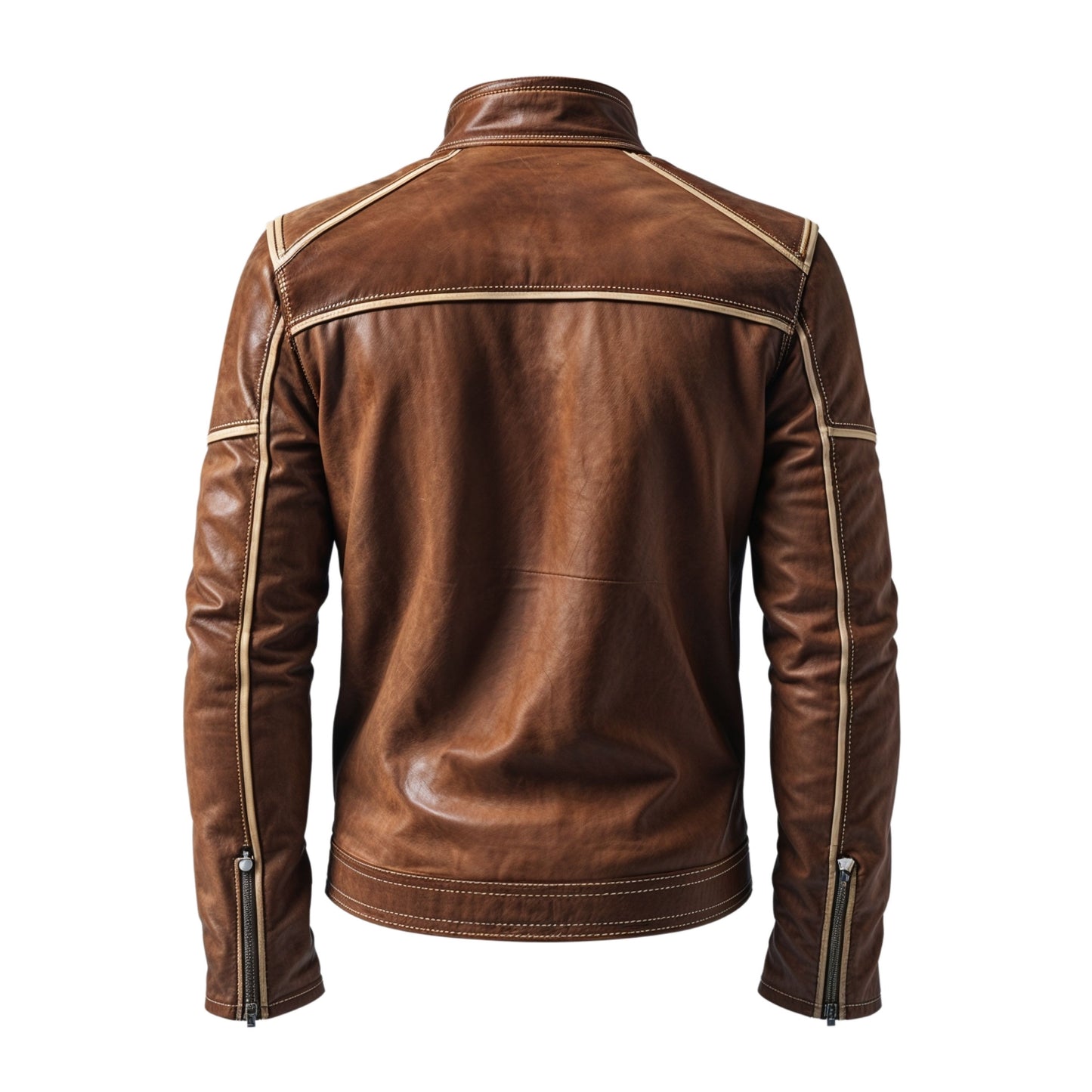 Men's Brown Real Leather Racer Jacket Stand Collar and Contrast Stitching – Timeless Urban Style