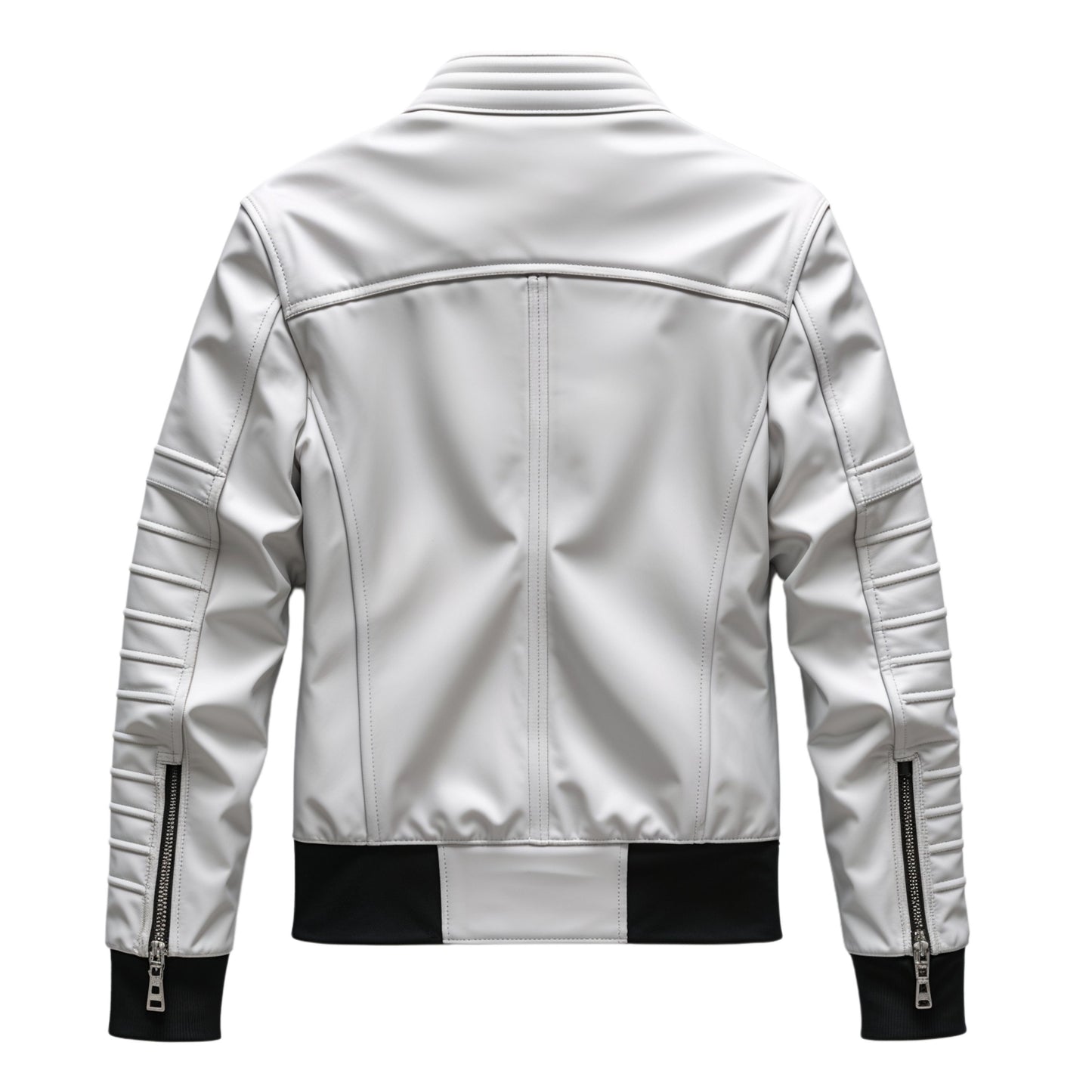 Men's Black White Moto Leather Jacket with Quilted Shoulders, Zipper Pockets