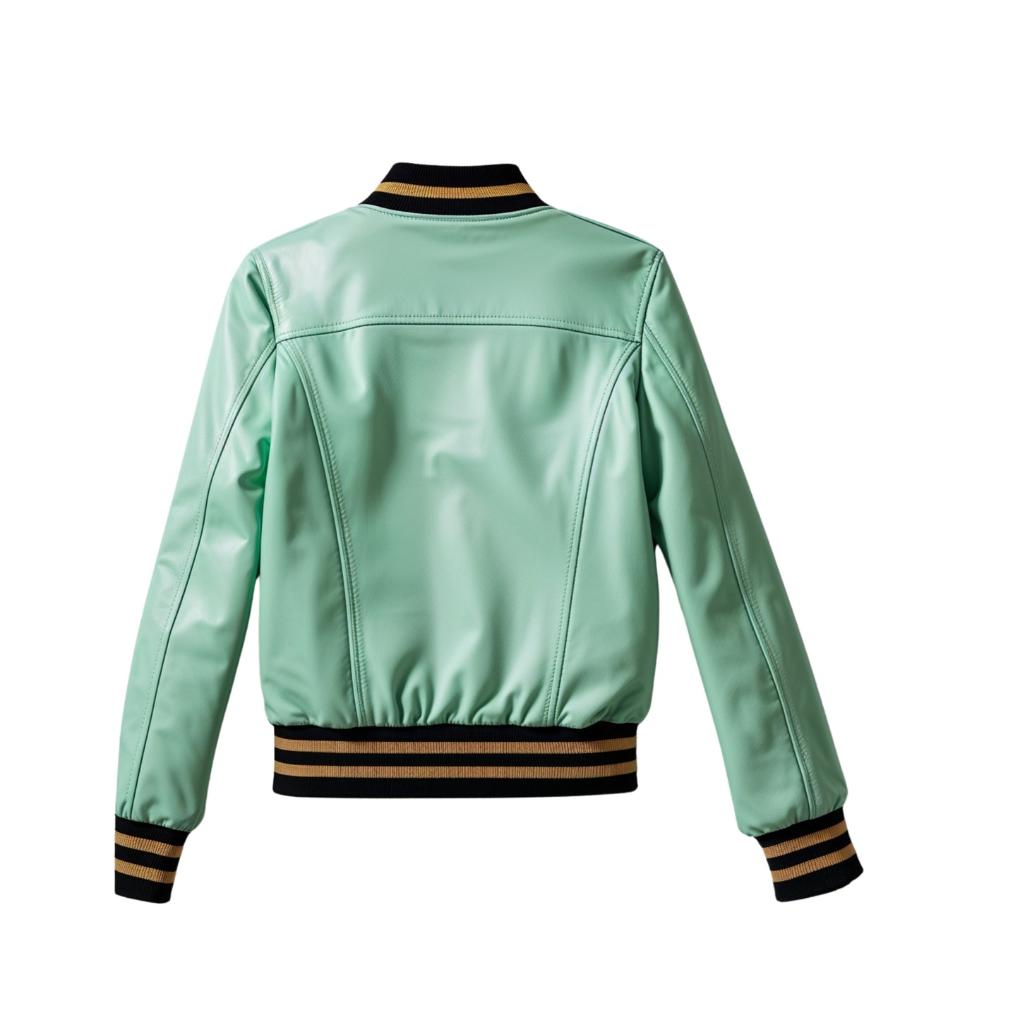 Mint Green Leather Cropped Bomber Jacket with Striped Ribbed Collar and Cuffs