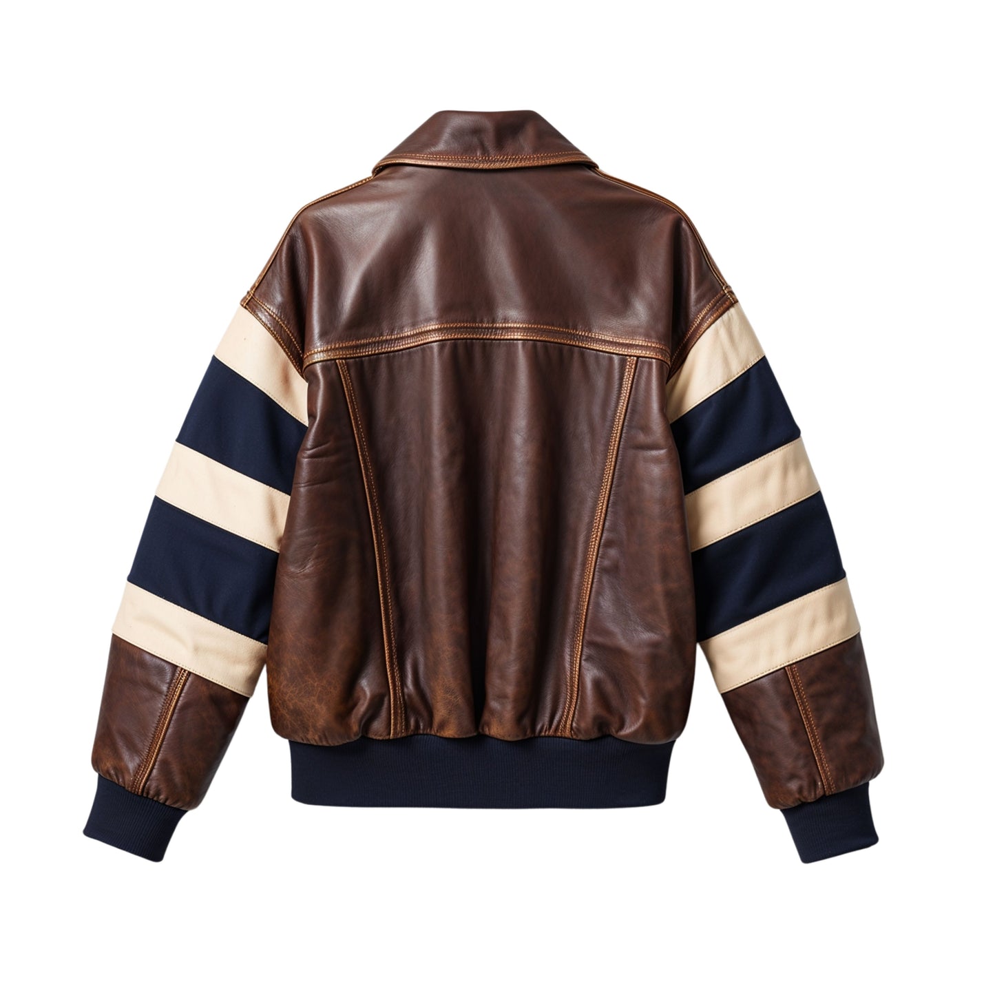 Brown Leather Varsity Bomber Jacket with Navy Stripe Sleeves – Sporty Retro Style