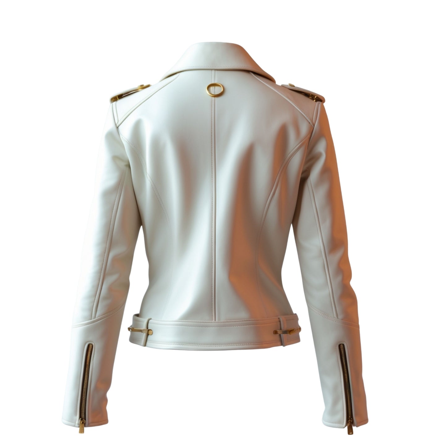 White Leather Cropped Biker Jacket with Gold Hardware and Epaulettes