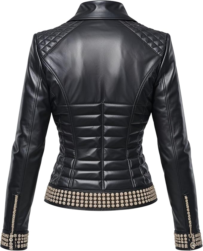 Womens Real Leather Black Embellished Moto Jacket Gold Tone Crystal Style Trim Quilted Shoulder Slim Fit