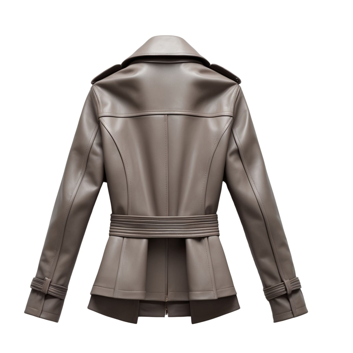 Women's Taupe Leather Trench Coat: Belted, Double-Breasted, Wide Lapel Short Jacket