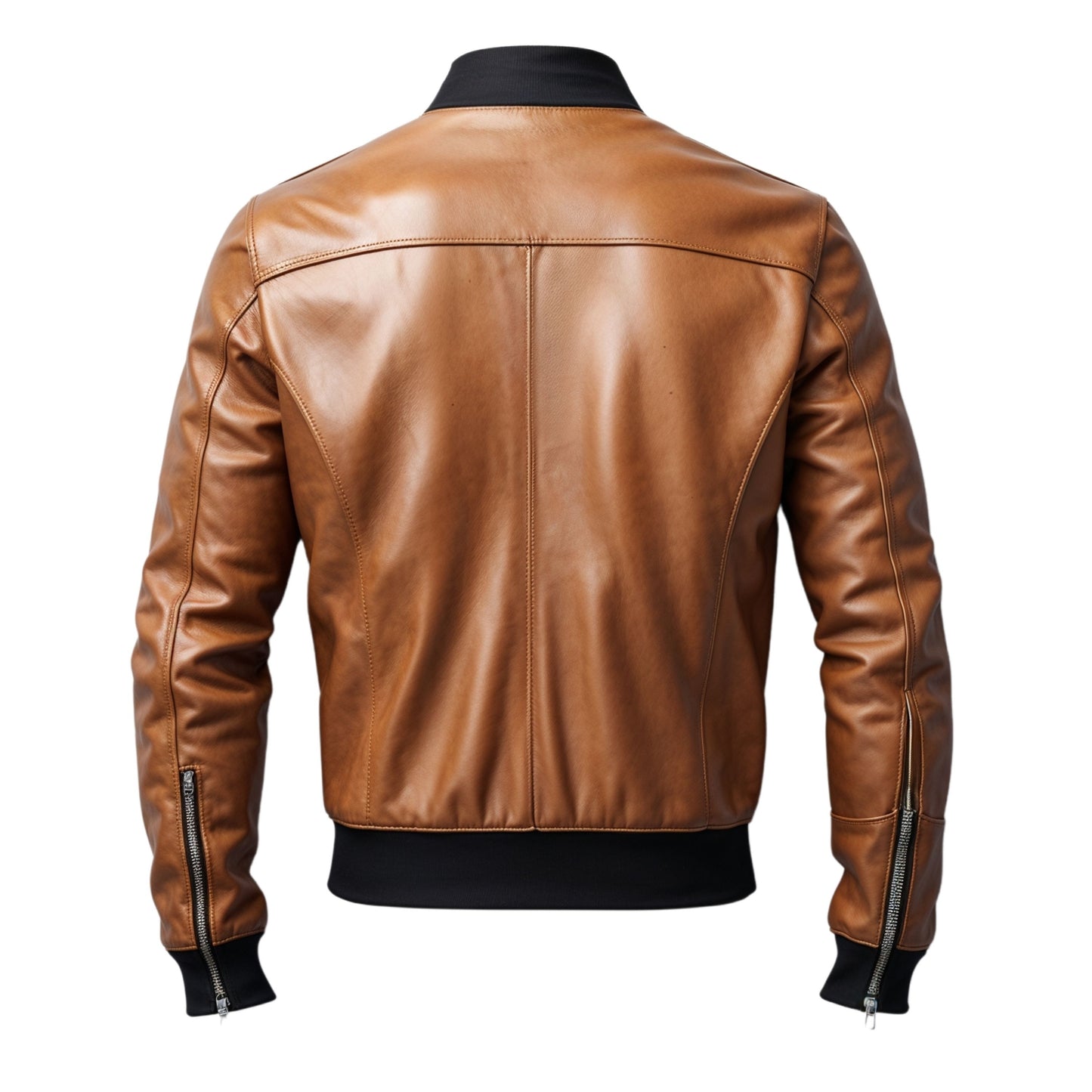 Men's Tan Real Leather Bomber Jacket with Zip Pockets & Ribbed Trim