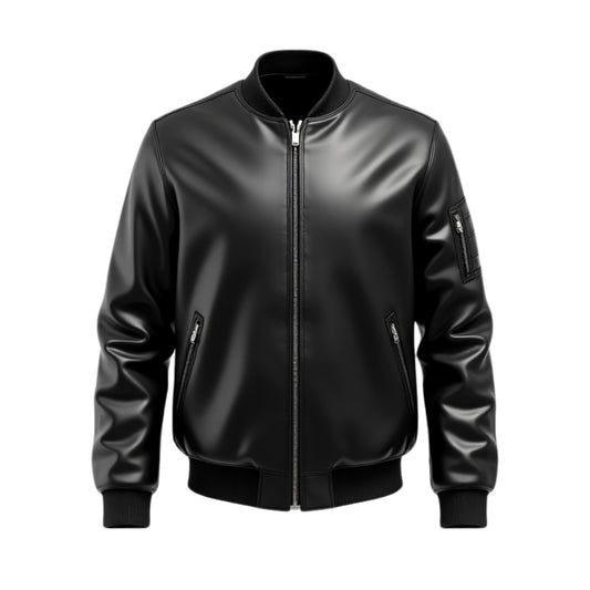 Black Real Leather Bomber Jacket Sleeve Pocket Fashion Outerwear