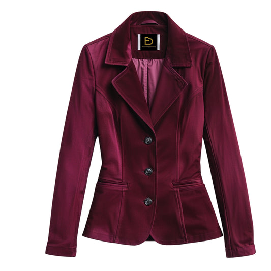 Women Real Leather Burgundy Blazer Jacket Tailored Fitted Waist Elegant Outerwear Modern Wardrobe Style