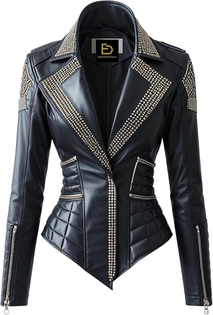 Womens Real Leather Studded Biker Jacket Black Moto Coat Rhinestone Lapel Quilted Panels Zip Cuffs
