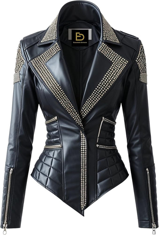 Womens Real Leather Studded Biker Jacket Black Moto Coat Rhinestone Lapel Quilted Panels Zip Cuffs