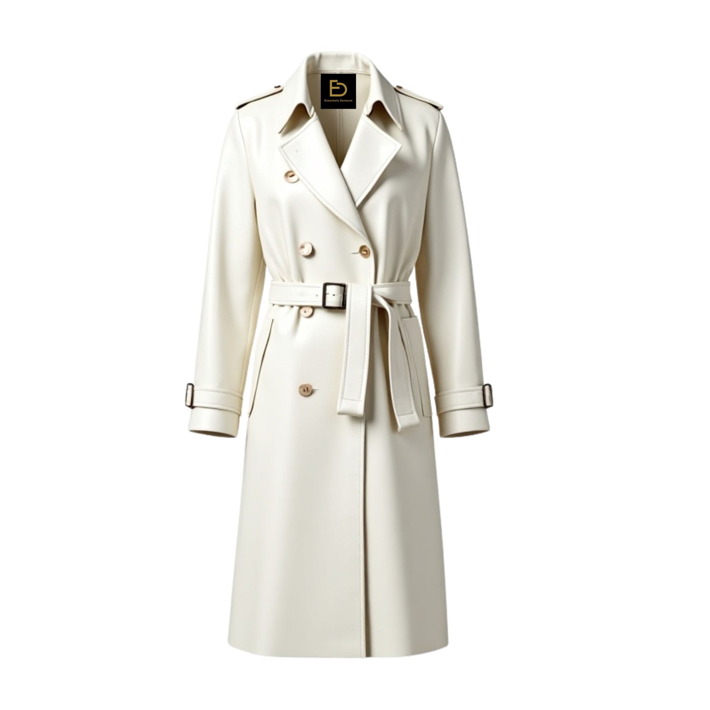 Womens Real Leather Trench Coat Double Breasted Belted Long Overcoat Elegant White Classic Outerwear