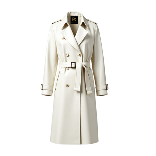 Womens Real Leather Trench Coat Double Breasted Belted Long Overcoat Elegant White Classic Outerwear