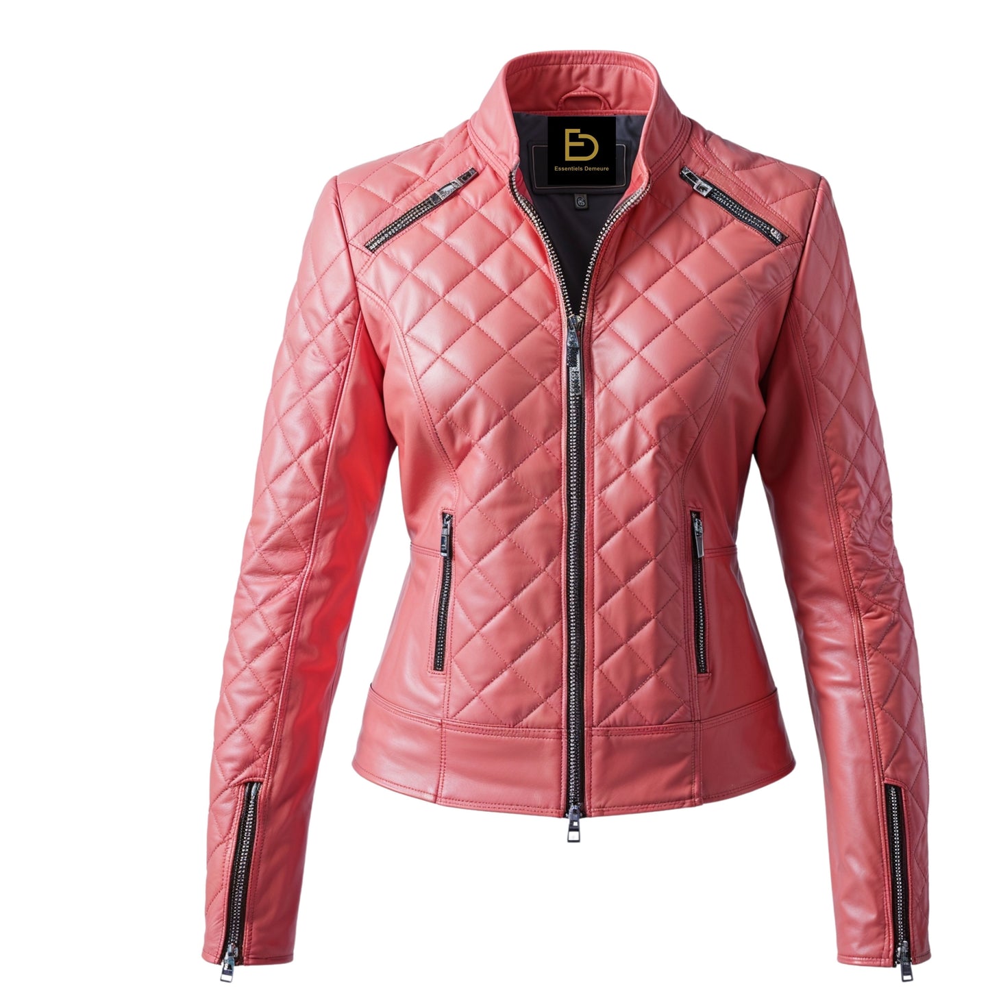 Women's Quilted Coral Pink Leather Biker Jacket – Slim Fit Stand Collar Moto Style
