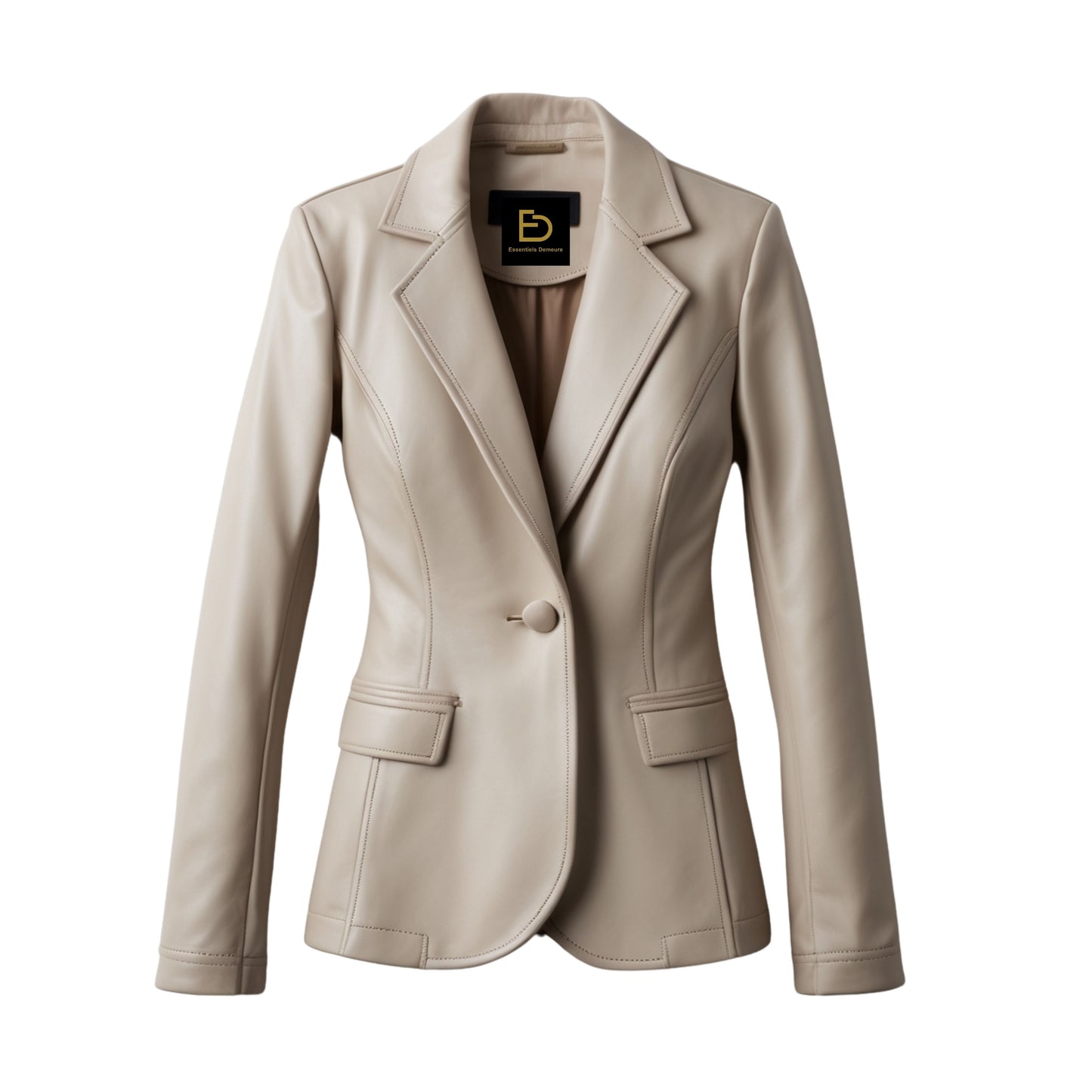 Real Leather Blazer Jacket: Ivory Beige Single Button Tailored Outerwear