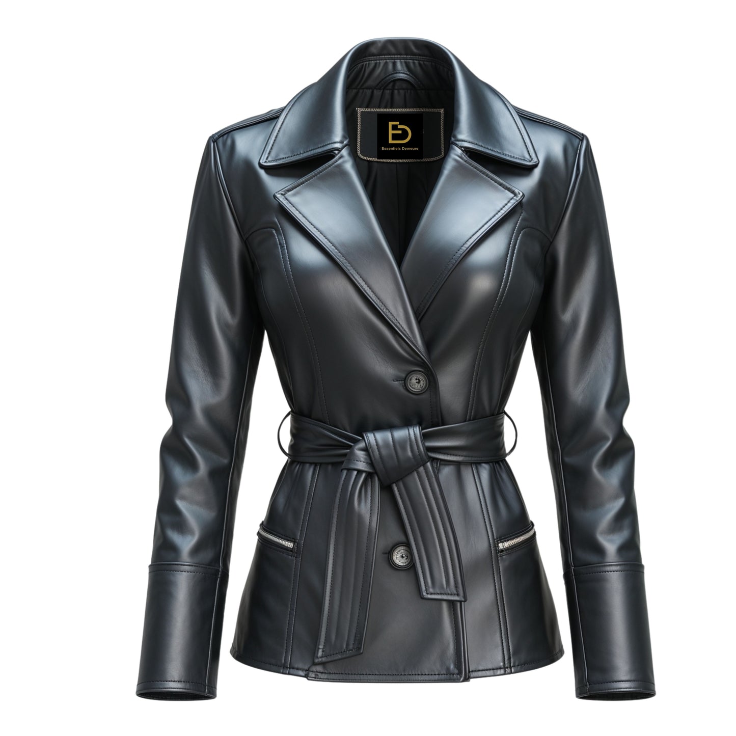 Womens Black Leather Belted Blazer Jacket: Lapel Collar, Tailored Office Style