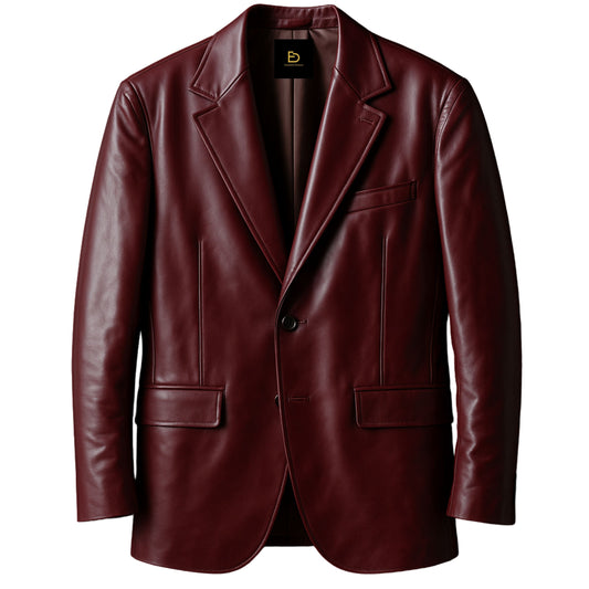Men's Burgundy Real Leather Blazer: Notch Lapel, Single Button, Modern Style
