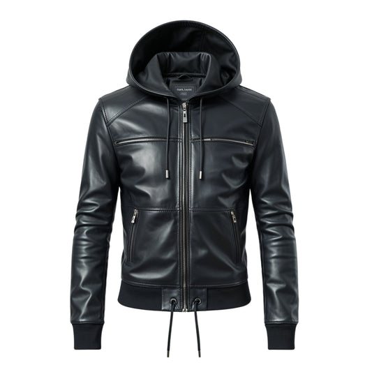 Men's Black Real Leather Hooded Jacket – Urban Streetwear Style