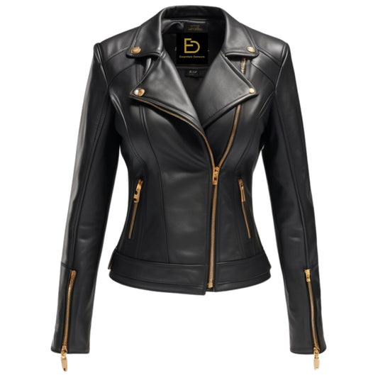 Black Leather Asymmetric Biker Jacket with Gold Hardware – Slim Fit Moto Coat