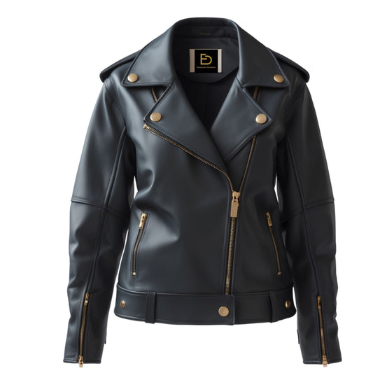 Navy Slate Blue Leather Biker Jacket with Gold Hardware Essentials Demeuro