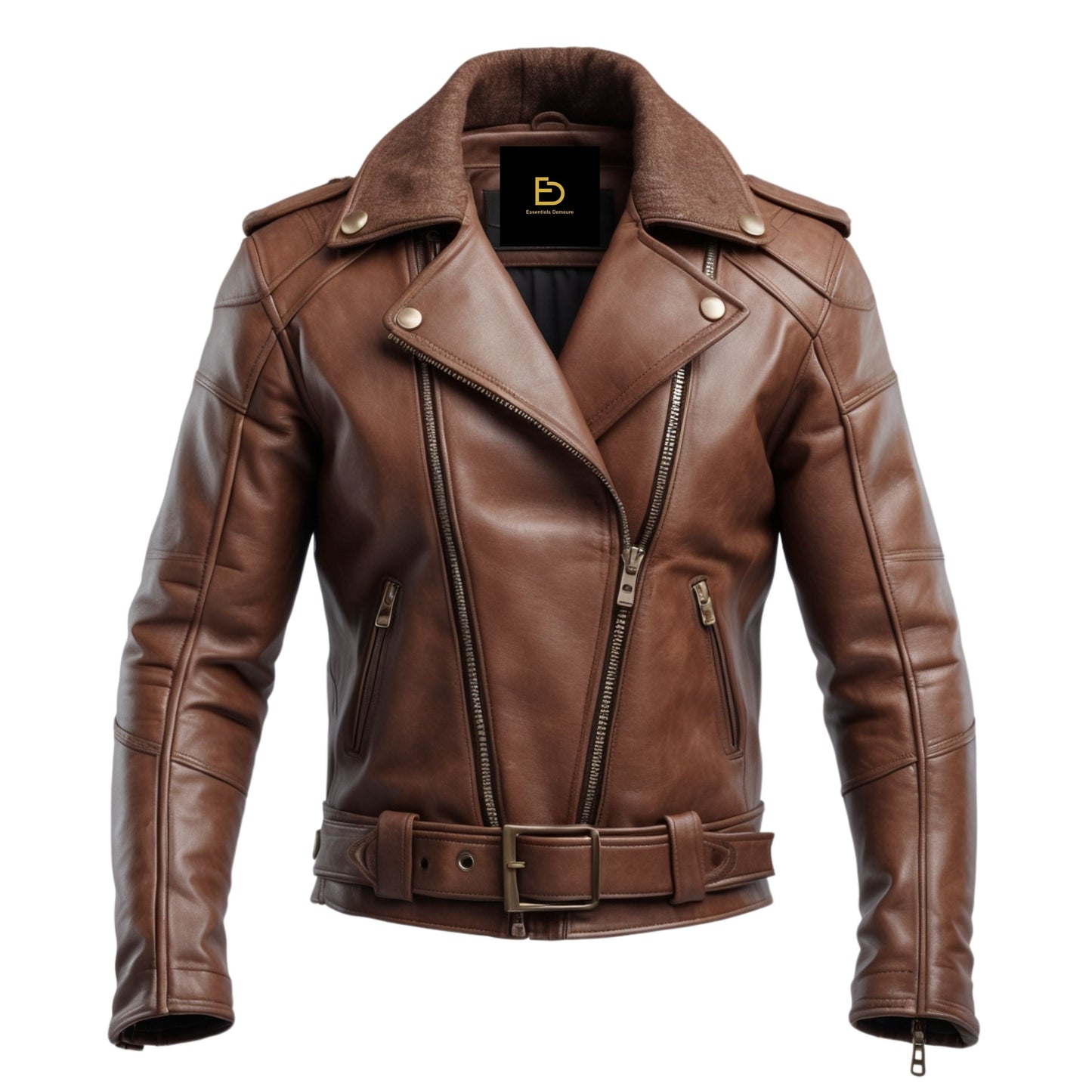 Men's Brown Real Leather Biker Jacket: Asymmetrical Zipper, Belted Waist, Vintage Moto Style