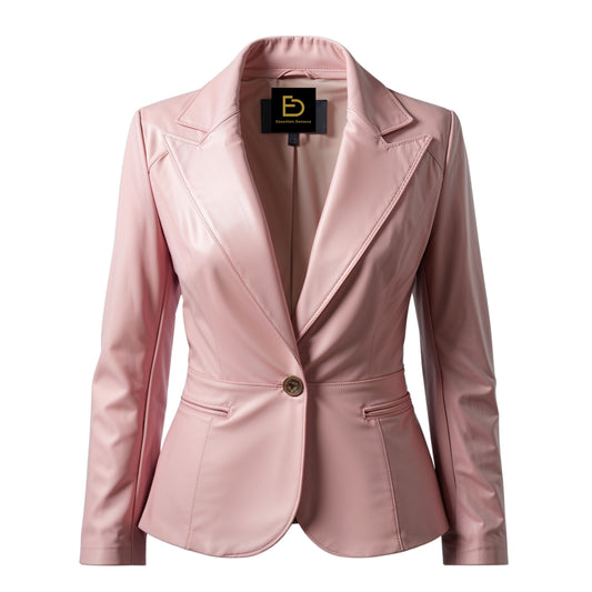 Womens Pink Real Leather Blazer Jacket with Notched Lapel, Feminine Office Style