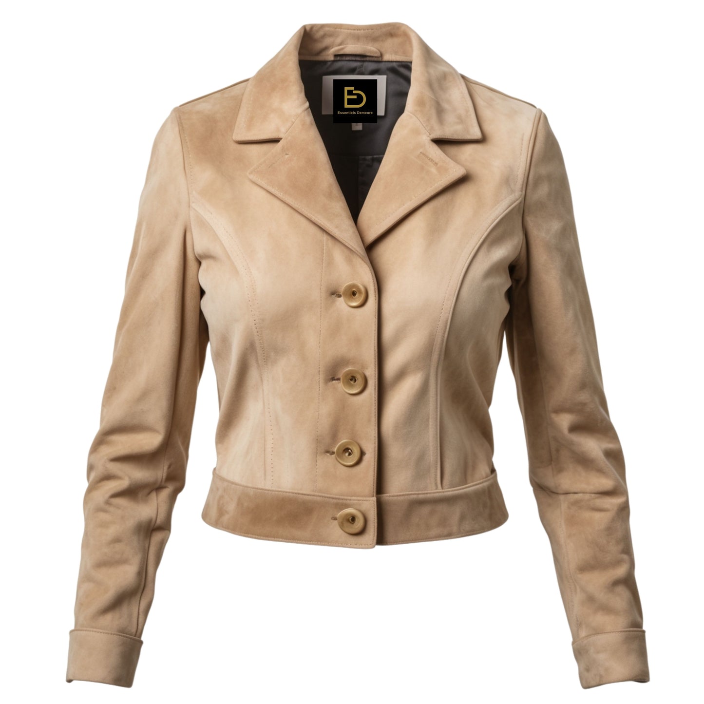 Women's Beige Real Leather Cropped Blazer Jacket – Button Front, Notched Lapel Outerwear