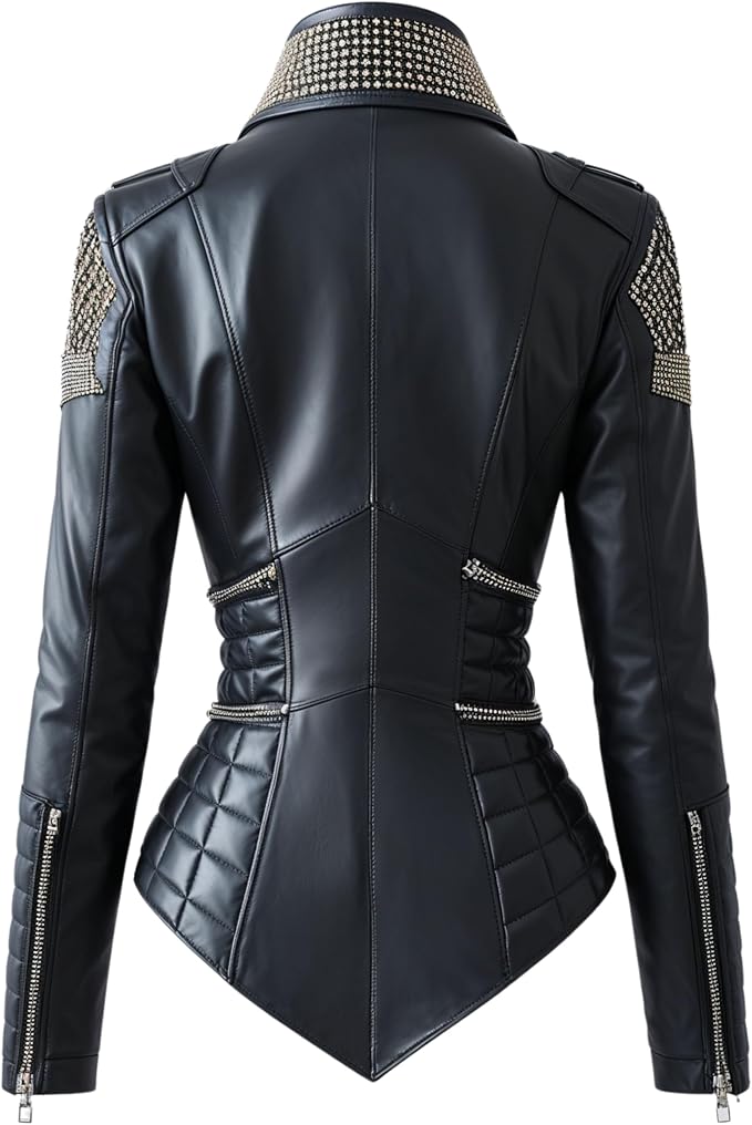 Womens Real Leather Studded Biker Jacket Black Moto Coat Rhinestone Lapel Quilted Panels Zip Cuffs