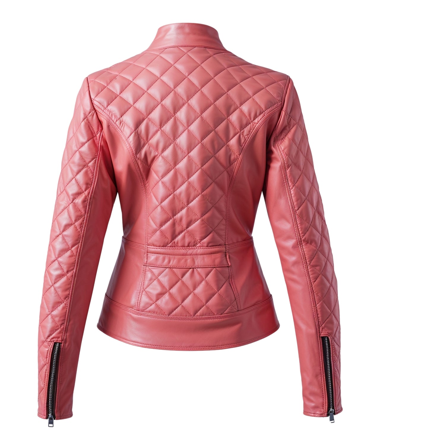 Women's Quilted Coral Pink Leather Biker Jacket – Slim Fit Stand Collar Moto Style