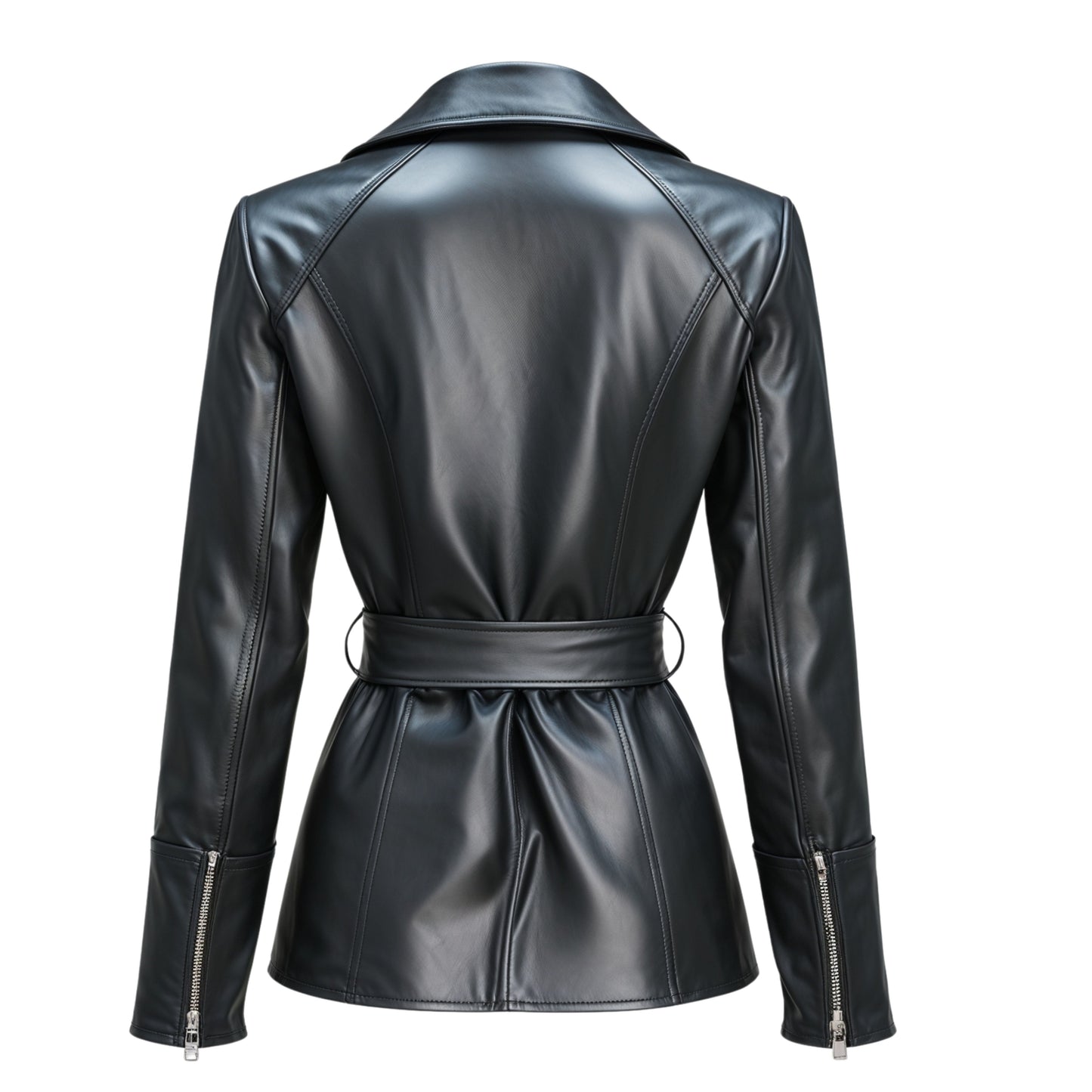 Womens Black Leather Belted Blazer Jacket: Lapel Collar, Tailored Office Style
