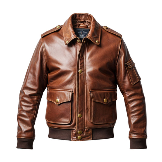 Men's Brown Real Leather Military Bomber Jacket with Flap Pockets – Vintage Style Wear